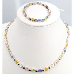 Premier Designs Necklace Bracelet Set Pastel Cabochon Silver Tone Retired Y2K